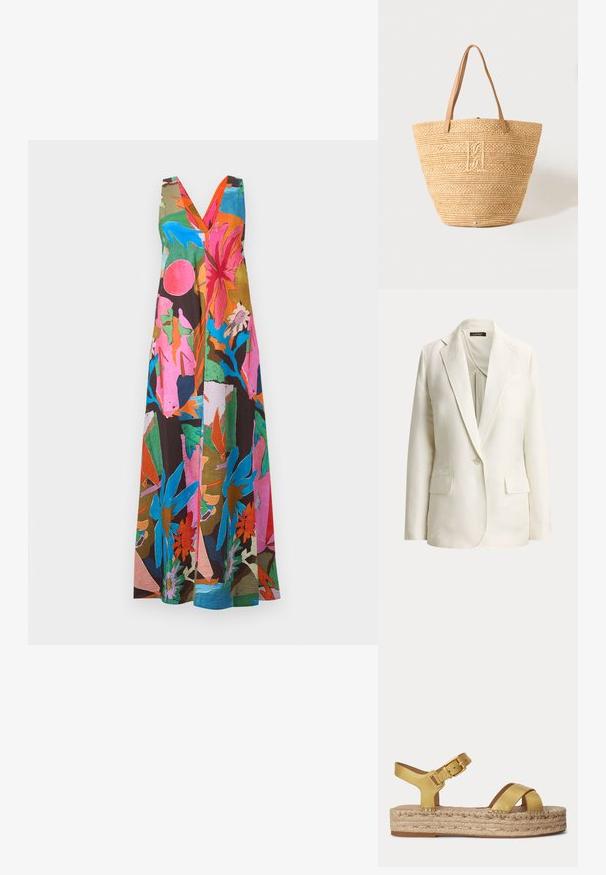 Blazer écru simple boutonnage avec revers crantés, une fermeture par bouton et deux poches avant à rabat, présenté sur un fond uni.; Robe longue sans manches avec un profond décolleté en V, présentant un imprimé floral abstrait et vibrant dans des tons roses, bleus, orange, verts et bruns.; Sandale à plateforme en cuir doré avec brides croisées à l’avant, bride à boucle à la cheville et semelle épaisse en corde tressée.; Sac cabas en paille tissée beige avec deux poignées en cuir marron clair et un monogramme brodé subtil au centre avant.