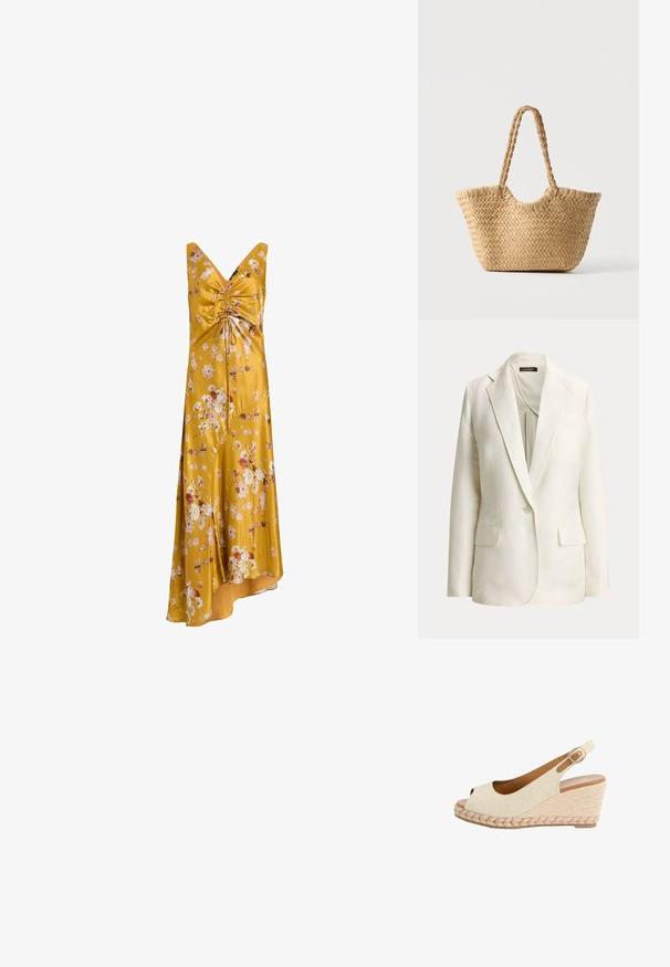 Blazer crudo de un solo botón con solapas con muesca, cierre de un botón y dos bolsillos delanteros con solapa, mostrado sobre un fondo liso.; Vestido floral amarillo de satén, con escote en V, cuerpo fruncido y dobladillo asimétrico con patrones florales multicolor.; Sandalia con cuña de tela beige, puntera abierta, tacón de yute tejido y correa ajustable en el tobillo con hebilla dorada.; Bolso tote de paja trenzada con base ancha, asas trenzadas y color beige natural sobre fondo blanco liso.