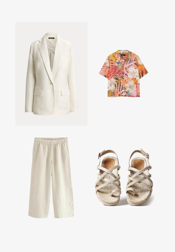 Off-white enkeltbreasted blazer med hakkede revers, enkelt knaphul og to forlommer med klap, vist på en ensfarvet baggrund.; Kortærmet skjorte med knapper, prydet med livlige tropiske blomster- og bladmønstre i toner af pink, orange, hvid og grøn.; Lette beige linned brede bukser med elastisk talje, der har sidelommer og en glat tekstur. Afslappet pasform.; Beige flettede sandaler med krydsremdesignet, lavet af teksturerede naturlige fibre, med flad sål og justerbar ankelrem.