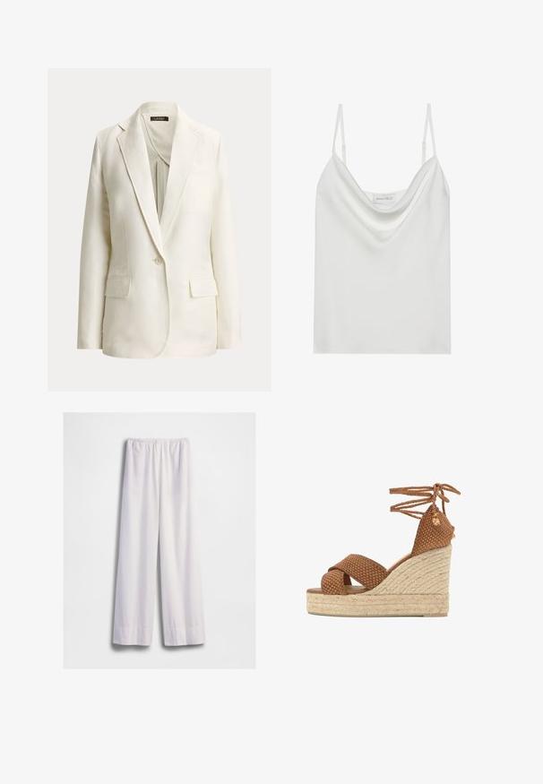 Blazer écru simple boutonnage avec revers crantés, une fermeture par bouton et deux poches avant à rabat, présenté sur un fond uni.; Camisole en satin blanc avec un décolleté drapé, des fines bretelles réglables et une base droite. L'étiquette "ANNA FIELD" est visible à l'intérieur.; Pantalon blanc ample avec taille élastique et jambes larges et droites, présenté sur un fond blanc uni.; Sandale compensée marron tissée avec des liens tressés à la cheville et une semelle plateforme recouverte de corde naturelle.