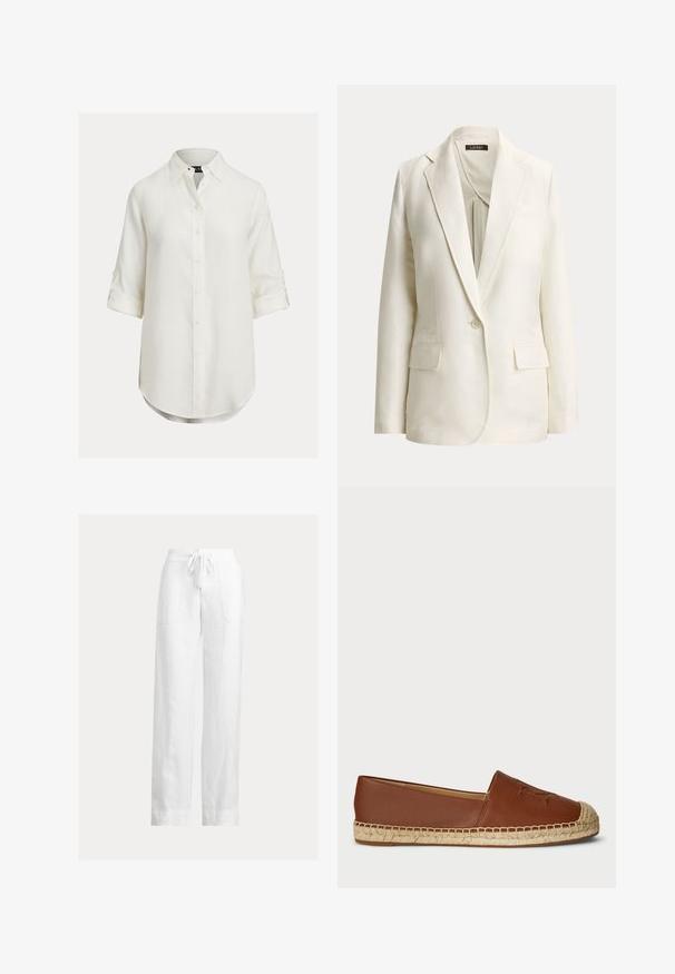 Off-white enkeltbreasted blazer med hakkede revers, enkelt knaphul og to forlommer med klap, vist på en ensfarvet baggrund.; Hvid hørskjorte med knaplukning, lange ærmer rullet op, buet kant og klassisk krave. Diskret tekstur, blødt stof.; Hvide linnedbukser med snoretræk i taljen, vidde ben, to forlommer og en glat tekstur. Flad kant ved anklen.; Brune læder espadrille flade sko med en vævet jutesål, rund tå og prægede detaljer på overdelen. Glat tekstur med sammenhængende design.