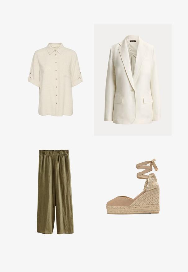 Off-white enkeltbreasted blazer med hakkede revers, enkelt knaphul og to forlommer med klap, vist på en ensfarvet baggrund.; Beige linned kortærmet skjorte med knaplukning foran, der har en brystlomme og oprullede ærmer med knapdetaljer. Glat tekstur.; Løse olivengrønne hørbukser med elastisk talje og vide ben, designet til afslappet brug.; Beige lærred kile-espadrille med flettet jute-platform og snørebånd om anklen, med vævet hælkappe.