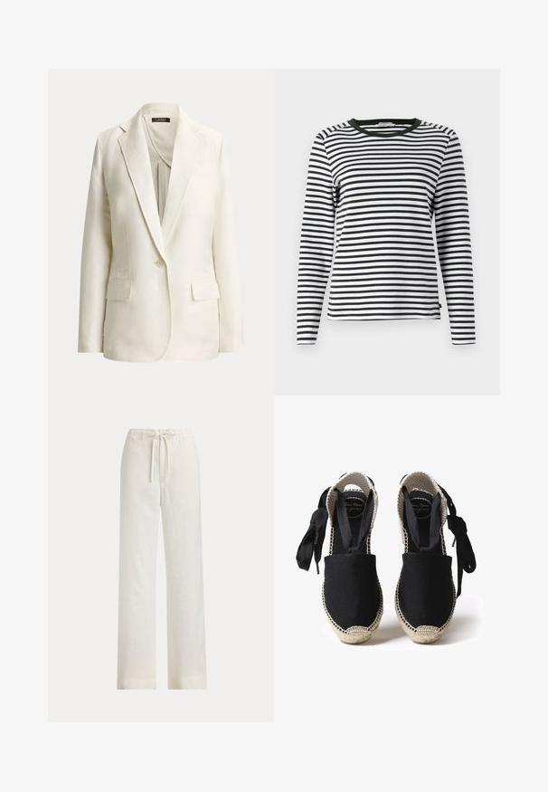 Off-white enkeltbreasted blazer med hakkede revers, enkelt knaphul og to forlommer med klap, vist på en ensfarvet baggrund.; Langærmet skjorte i sort og hvid stribet design med en rund, grøn halsudskæring. Blødt stof med normal pasform og lige søm.; Løse hvide bukser med elastisk talje og snøre, vist mod en ensfarvet baggrund.; Sorte canvas espadriller med en sovesål og vævede kanter. Snører lavet af det samme sorte stof for justerbar pasform. Lukket tå-design.