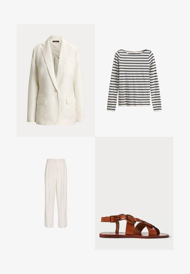 Blazer écru simple boutonnage avec revers crantés, une fermeture par bouton et deux poches avant à rabat, présenté sur un fond uni.; Chemise blanche à manches longues avec des rayures horizontales bleu marine et un petit logo "GANT" sur le poignet de la manche gauche.; Pantalon blanc taille haute sur mesure avec plis, passants de ceinture et jambes droites, présenté sur un fond blanc uni.; Sandale en cuir marron avec un design de bride horizontale et circulaire, semelle plate et accent de boucle métallique, présentant une texture lisse.