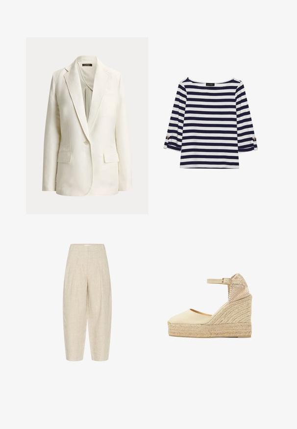 Off-white enkeltbreasted blazer med hakkede revers, enkelt knaphul og to forlommer med klap, vist på en ensfarvet baggrund.; Marineblå og hvide stribede langærmede top med bådudskæring og guldknapdetaljer på opsmøgede ærmer. Blødt stof, afslappet pasform.; Beige linnedbukser med løs pasform, der har folder ved taljen, cropped længde, og et tekstureret, vævet stof.; Beige kileespadrille med flettet juteplatform, lukket tå, ankelrem med spænde og struktureret hælkappe i neutrale toner.