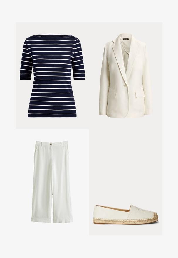 Off-white enkelrijjig colbert met opstaand revers, sluiting met één knoop en twee klepzakken aan de voorkant, weergegeven op een effen achtergrond.; Marineblauw overhemd met witte horizontale strepen en ellebooglange mouwen, afgebeeld op een eenvoudige lichte achtergrond.; Witte broek met wijde pijpen, knoop- en ritssluiting, zijzakken en rechte zoom, gemaakt van lichtgewicht stof.; Witte instapespadrille met gevlochten jutezool en gestikte details langs de randen, gezien van de buitenkant.