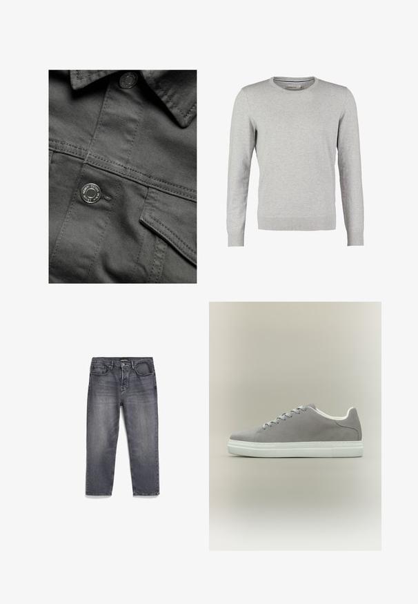 Grauer Denim-Stoff mit einer strukturierten Oberfläche, versehen mit einem Knopfverschluss und einer Brusttasche. Nähte sind entlang der Säume sichtbar.; Grauer Pullover mit langen Ärmeln, rundem Halsausschnitt, gerippten Bündchen und Saum. Hergestellt aus einem glatten Strickmaterial mit einheitlicher Textur. Keine Muster oder Akzente.; Graue Denim-Jeans mit einem ausgewaschenen Finish, gerade geschnitten, mit fünf Taschen und einer leicht abgenutzten Textur.; Grauer Sneaker aus Wildleder mit weißer Gummisohle und Schnürsenkeln, mit niedrigem Schnitt und glatter Oberfläche. Minimalistischer Stil ohne sichtbare Logos.