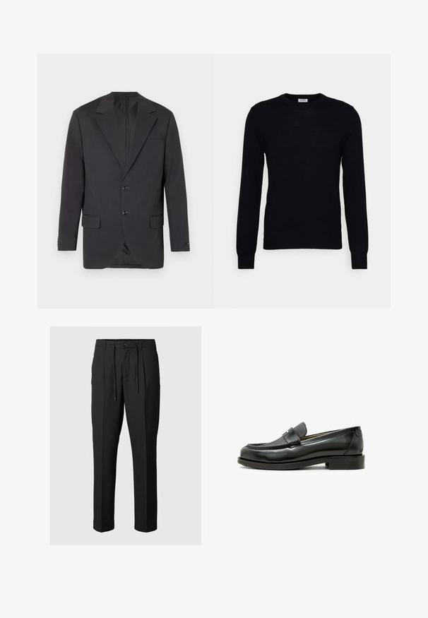 Blazer gris foncé avec un col à cran, deux boutons à l'avant, deux poches latérales et une poche poitrine. Tissu lisse avec une coupe ajustée.; Pull noir à manches longues en tricot doux. Encolure ronde, poignets et ourlet côtelés. Design minimaliste sans motifs ni boutons visibles.; Pantalons noirs sur mesure avec une taille à cordon de serrage, présentant des plis sur le devant et une coupe droite élégante. Texture douce.; Mocassin en cuir noir avec une pièce en cuir texturé noir, bout rond et petit talon carré ; présente un détail métallique décoratif.