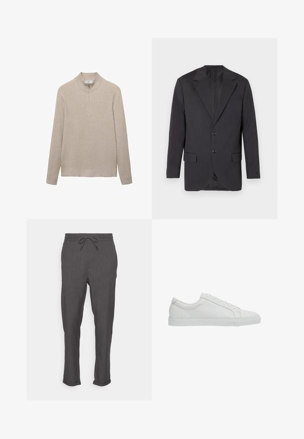 Blazer gris oscuro con solapa muesca, dos botones frontales, dos bolsillos laterales y un bolsillo en el pecho. Tejido suave con un corte ajustado.; Suéter beige con canalé, cuello alto y cierre de media cremallera. Las mangas largas y el diseño ajustado del dobladillo realzan el aspecto texturizado.; Only & Sons ONSLINUS TAP PANT - Pantalones - medium grey melange; Reiss REGULAR FIT - LUCA TUMBLED - Zapatillas - white