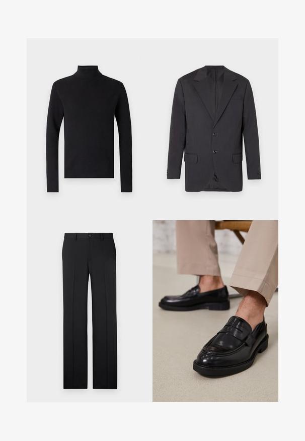 Blazer gris oscuro con solapa muesca, dos botones frontales, dos bolsillos laterales y un bolsillo en el pecho. Tejido suave con un corte ajustado.; Suéter negro de cuello alto con textura acanalada, mangas largas y Silueta ajustada. Diseño simple sin patrones ni acentos visibles.; Pantalones negros a medida con corte recto, tejido suave, pliegues frontales y un cierre de botón en la cintura.; Mocasines de cuero negro con un acabado suave, que cuentan con una correa decorativa y costuras en contraste, combinados con pantalones beiges.