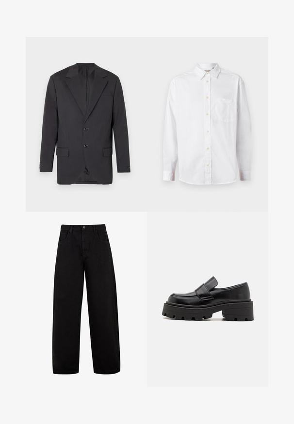 Blazer gris foncé avec un col à cran, deux boutons à l'avant, deux poches latérales et une poche poitrine. Tissu lisse avec une coupe ajustée.; Chemise blanche à manches longues avec un col et une poche poitrine, présentée sur un fond clair.; Jean noir à jambes larges en denim, doté de poches avant, d'une fermeture à bouton et d'un design épuré et minimal sans motifs visibles.; Mocassins en cuir noir avec une semelle en caoutchouc épaisse, présentant une plateforme surélevée et une sangle sur le cou-de-pied. Texture lisse et forme arrondie.