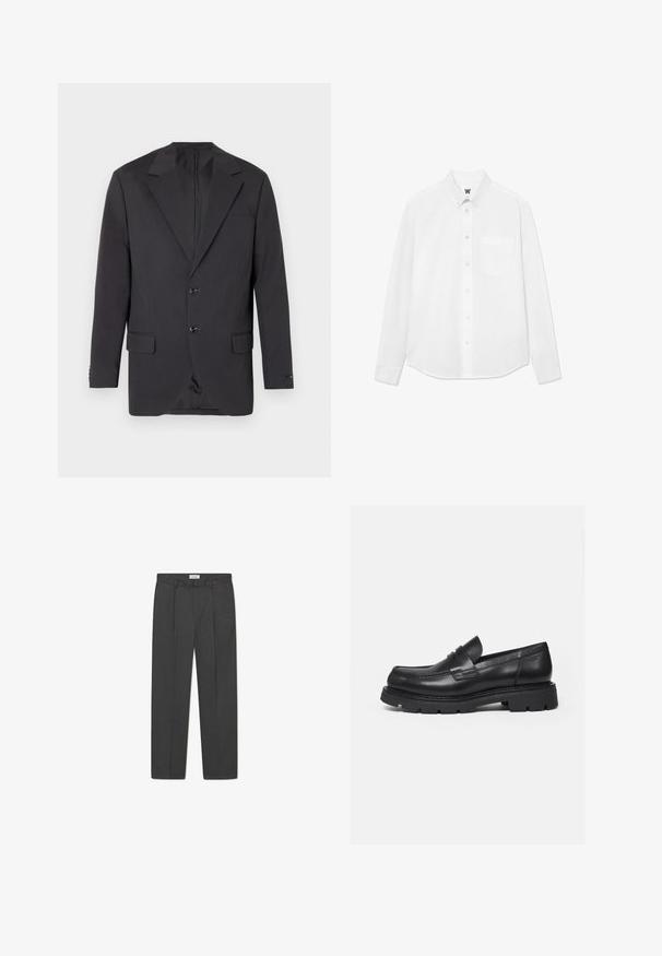 Blazer gris oscuro con solapa muesca, dos botones frontales, dos bolsillos laterales y un bolsillo en el pecho. Tejido suave con un corte ajustado.; Camisa blanca de manga larga con botones y cuello, bolsillo frontal y una textura sutil. La tapeta delantera tiene botones y un pequeño detalle del logo.; Pantalones grises a medida con un sutil patrón de cuadro, tejido texturizado y pliegues delanteros, presentando una cinturilla con pasadores para cinturón.; Mocasín negro de cuero con suela gruesa y acanalada y detalle de tira para moneda, mostrado en perfil lateral derecho sobre fondo blanco.