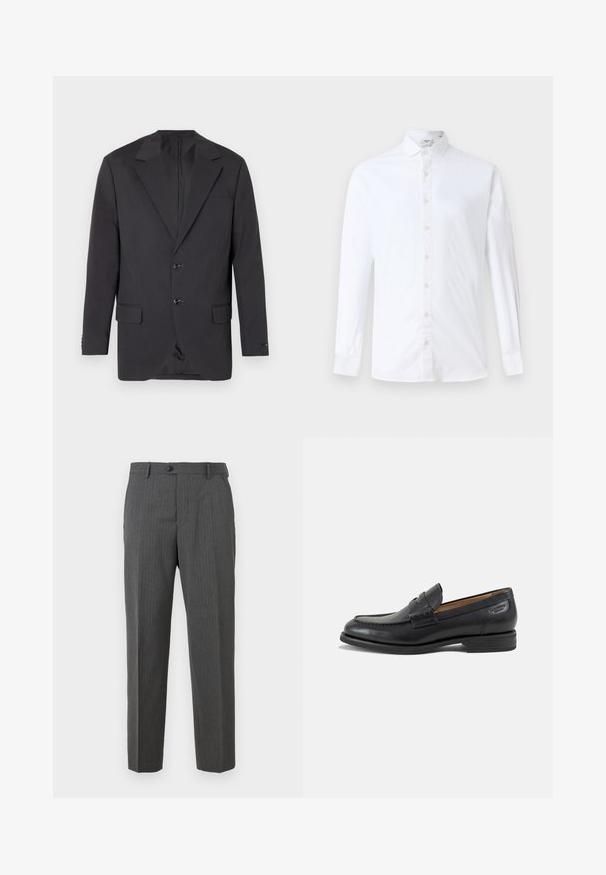 Blazer gris oscuro con solapa muesca, dos botones frontales, dos bolsillos laterales y un bolsillo en el pecho. Tejido suave con un corte ajustado.; Camisa de botonadura larga blanca de algodón, con cuello clásico, corte recto y una textura suave con botones a juego.; Pantalones de vestir para hombre en gris carbón con sutiles rayas, cierre de botón, trabillas para cinturón y diseño de pierna recta, sobre un fondo blanco.; Mocasín de hombre de cuero negro con detalles cosidos, tacón bajo apilado y una correa estrecha en la parte superior, mostrado de lado sobre un fondo blanco.