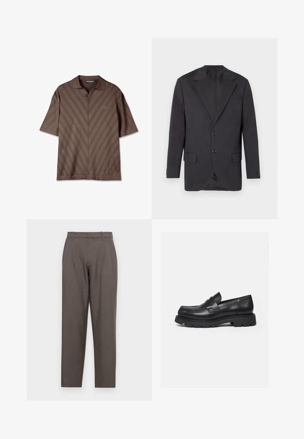 Blazer gris oscuro con solapa muesca, dos botones frontales, dos bolsillos laterales y un bolsillo en el pecho. Tejido suave con un corte ajustado.; Camisa polo de manga corta marrón con cuello en V, que presenta un patrón texturizado en zigzag y un sutil detalle de logo en el pecho.; Jack & Jones Classic Wide Leg Fit - Pantalones - pavement; Mocasín negro de cuero con suela gruesa y acanalada y detalle de tira para moneda, mostrado en perfil lateral derecho sobre fondo blanco.