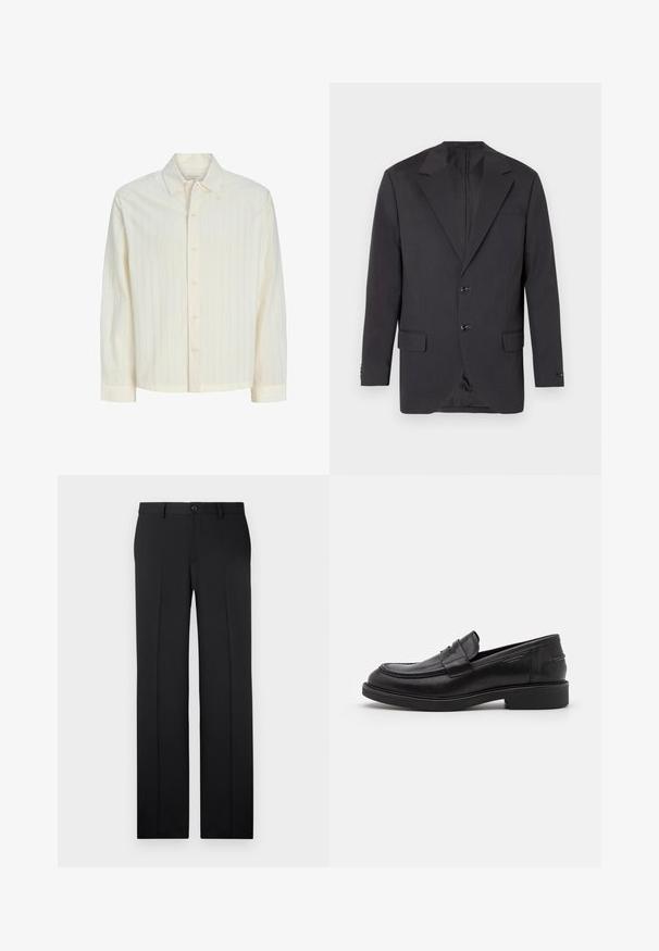 Blazer gris foncé avec un col à cran, deux boutons à l'avant, deux poches latérales et une poche poitrine. Tissu lisse avec une coupe ajustée.; Chemise crème avec des rayures verticales, un col classique, et des manches longues avec des poignets boutonnés. Tissu léger offrant une texture douce.; Pantalons noirs ajustés avec une coupe droite, en tissu lisse, avec des plis avant et une fermeture à bouton unique à la taille.; Mocassins en cuir noir avec un bout arrondi, des coutures ton sur ton et un détail de sangle à l'avant. Semelle en caoutchouc avec un petit talon.