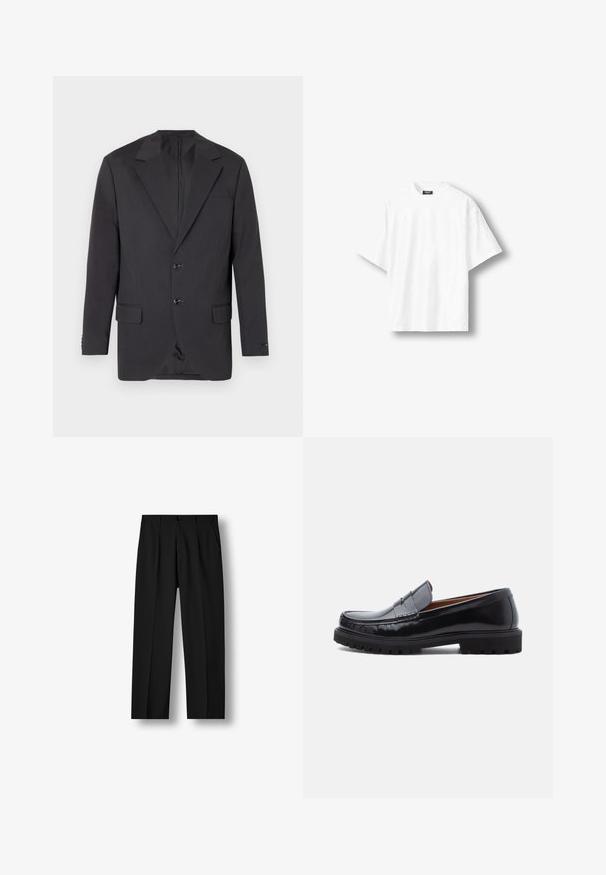 Blazer gris foncé avec un col à cran, deux boutons à l'avant, deux poches latérales et une poche poitrine. Tissu lisse avec une coupe ajustée.; T-shirt blanc à manches courtes et col rond avec une étiquette noire à l'intérieur du col, présenté sur fond blanc.; Pantalon noir droit avec plis devant, taille boutonnée et poches latérales sur un fond blanc uni.; Mocassin penny en cuir noir avec semelle en caoutchouc épaisse et couture moc toe, montré de profil sur un fond blanc.