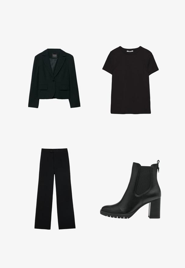 Schwarzer, maßgeschneiderter Blazer mit Stegkragen, zwei Fronttaschen, Ein-Knopf-Verschluss und glattem Innenfutter. Strukturiertes Design, formeller Look.; Schwarzes, kurzärmliges Baumwoll-T-Shirt mit rundem Halsausschnitt, Standardpassform und sichtbarem innerem Nackenetikett.; Schwarze weit geschnittene Hosen aus glattem Stoff, mit einem Frontknopfverschluss und zwei Falten für zusätzliche Details. Maßgeschneiderter Gesamteindruck.; Tamaris CHELSEA - Plateaustiefelette - black