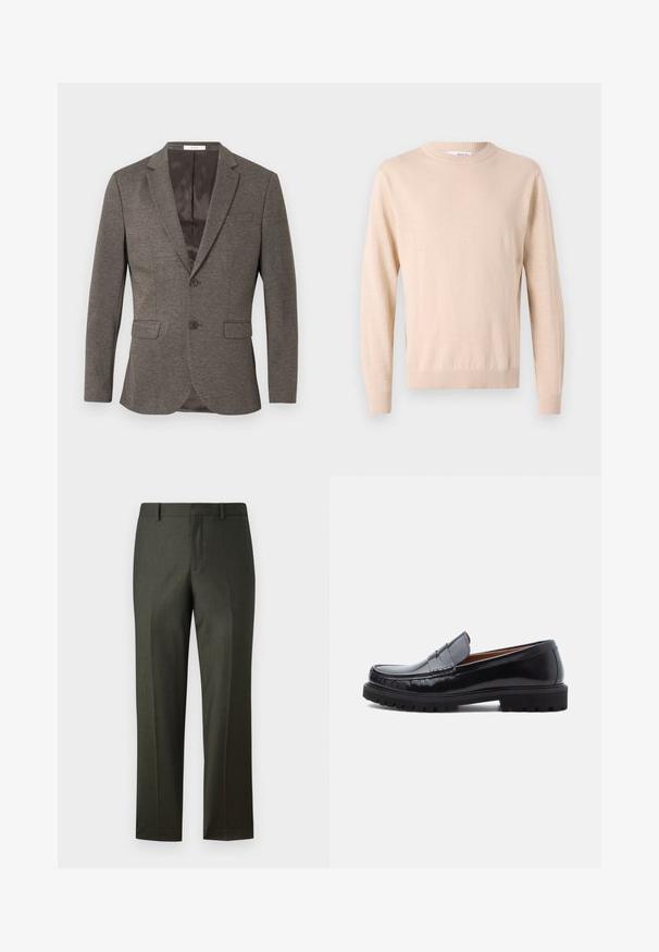 Grå sildebensmønstret blazer med to-knaps lukning, hakkede revers og to frontlommer. Foret indre med glat tekstur.; Beige strikket trøje med rund halsudskæring, lange ærmer, ribbede manchetter og kant, lavet af blødt stof, med en glat tekstur.; Mørkegrønne skræddersyede bukser med en glat tekstur, lige pasform, bæltestropper og frynser foran. Ingen synlige lommer eller dekorationer.; Sorte læder penny loafer med chunky gummisål og moc toe syninger, vist i profil på en hvid baggrund.