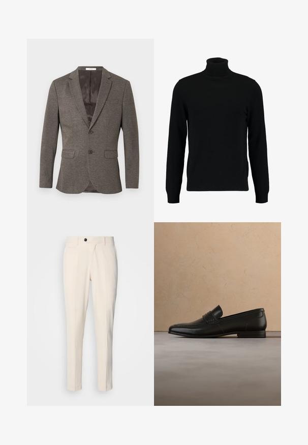 Blazer gris de espiga con cierre de dos botones, solapas con muesca y dos bolsillos delanteros. Forro interior de textura suave.; Jersey de cuello alto negro hecho de un material de punto suave. Cuenta con mangas largas, collar y dobladillo acanalados. Diseño simple y elegante sin patrones.; Pantalones tailored beige con frente plano, cierre de un botón y dos bolsillos laterales en ángulo. Tejido suave con corte slim y pierna entallada.; Zapato mocasín de cuero negro suspendido en el aire sobre una alfombra beige con un sofá beige de fondo.
