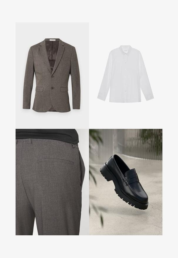 Blazer gris de espiga con cierre de dos botones, solapas con muesca y dos bolsillos delanteros. Forro interior de textura suave.; Camisa blanca de manga larga hecha de tela suave, con cuello puntiagudo, cierre frontal de botones y puños de un solo botón.; Pantalones grises ajustados con una textura suave, que cuentan con un bolsillo trasero y un diseño slim fit. La tela tiene un patrón sutil.; Mocasines de cuero negro con suela gruesa, que presentan una correa decorativa y detalles de costura. Textura suave con un acabado pulido.