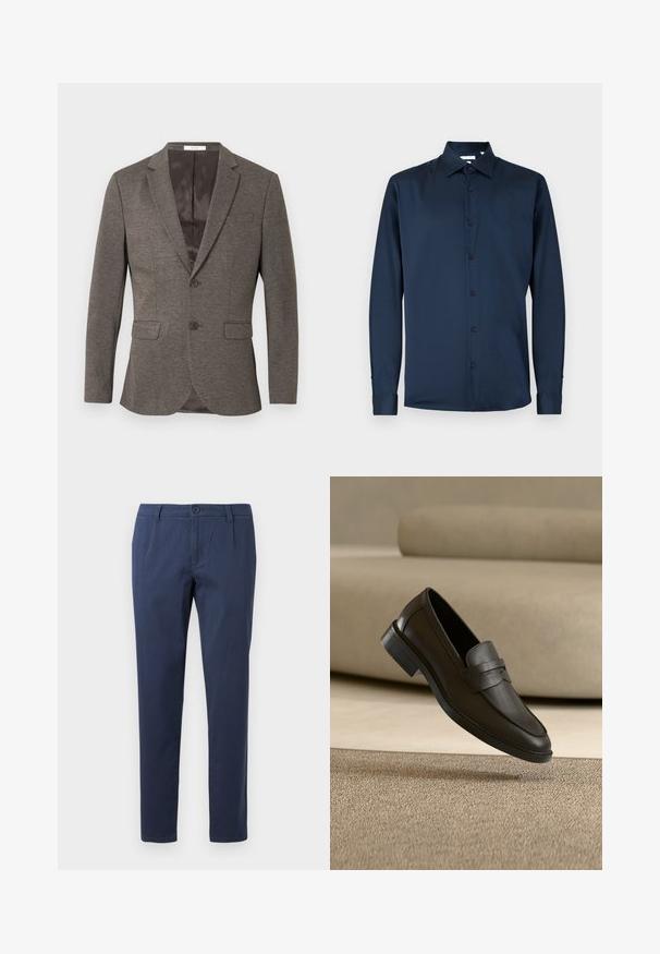 Blazer gris de espiga con cierre de dos botones, solapas con muesca y dos bolsillos delanteros. Forro interior de textura suave.; Camisa de manga larga azul marino hecha de tela suave, con cuello clásico, tapeta de botones completa y puños abotonados.; Pantalones azul marino hechos de una tela ligera, con cierre de botón en la parte delantera, dos bolsillos laterales y un diseño de pierna recta.; Zapato mocasín de cuero negro descansando sobre una alfombra beige con un sofá beige curvado en el fondo.