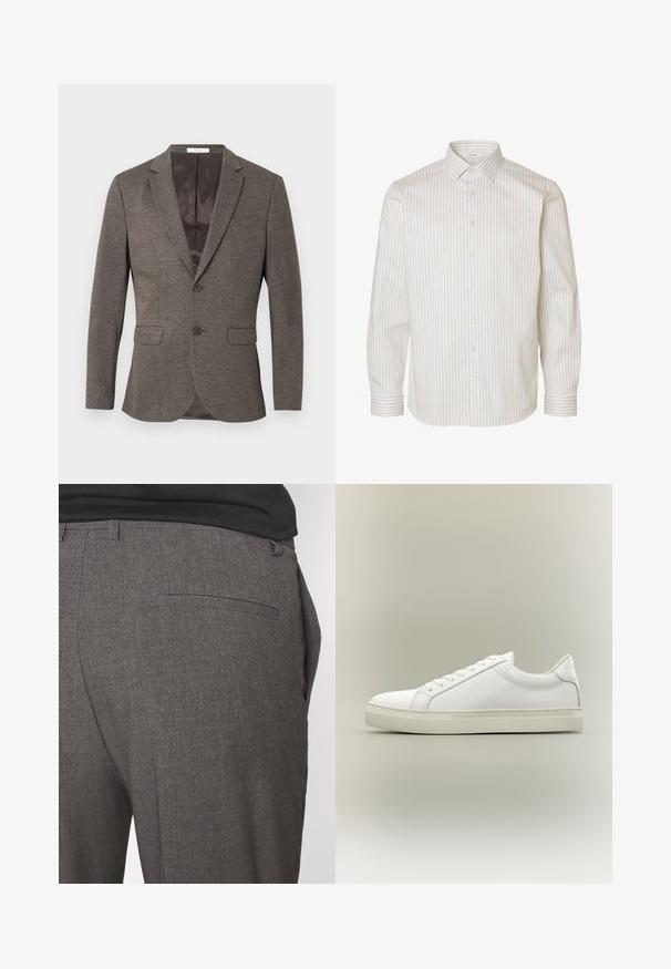 Grå sildebensmønstret blazer med to-knaps lukning, hakkede revers og to frontlommer. Foret indre med glat tekstur.; Hvid skjorte med lange ærmer med beige lodrette striber, knapper foran, spids krave og manchetter med knapper.; Grå skræddersyede bukser med en glat tekstur, udstyret med en enkelt baglomme og et slim fit design. Stoffet har et subtilt mønster.; Hvid lavtop sneaker med snørebånd foran og tyk sål, vist fra siden mod en neutral baggrund.