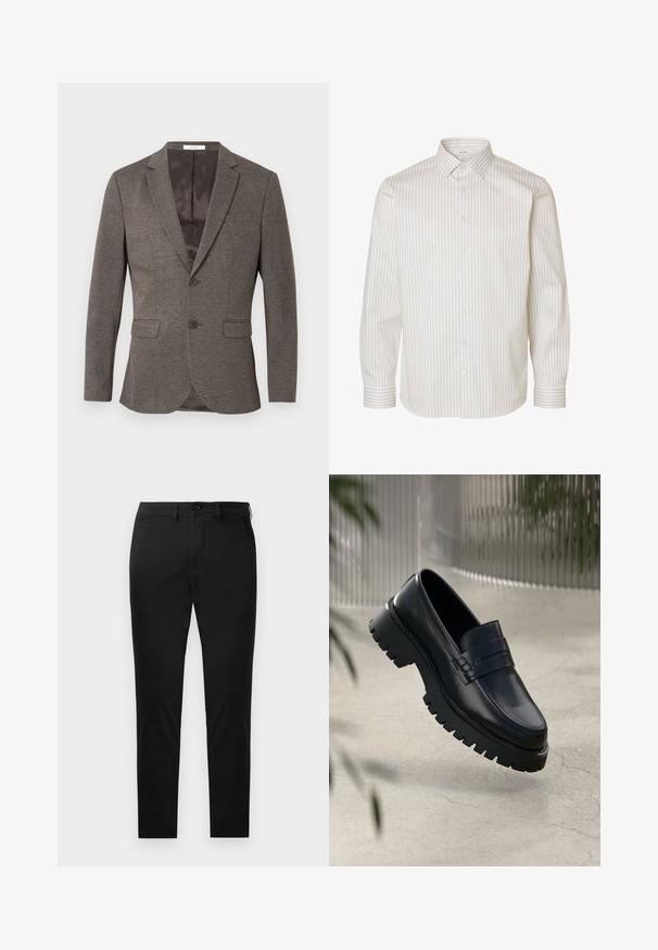 Grå sildebensmønstret blazer med to-knaps lukning, hakkede revers og to frontlommer. Foret indre med glat tekstur.; Hvid skjorte med lange ærmer med beige lodrette striber, knapper foran, spids krave og manchetter med knapper.; Sorte slim-fit bukser med knap- og lynlåslukning, bæltestropper og uden synlige lommer, vist mod en hvid baggrund.; Sorte læder loafers med en chunky sål, der har en dekorativ rem og syninger. Glat tekstur med en poleret overflade.