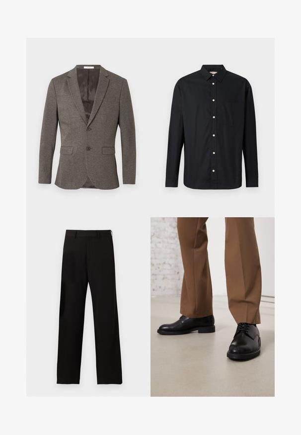 Grå sildebensmønstret blazer med to-knaps lukning, hakkede revers og to frontlommer. Foret indre med glat tekstur.; Sort langærmet skjorte med knapper, krave og brystlomme, præsenteret på en lys baggrund.; Sorte bukser med lige ben, bæltestropper og sidelommer på en ensartet hvid baggrund.; Sorte læder sko med glat overflade og rund tå, der har snørebåndslukning og en lav, flad sål. Sammen med brune bukser.