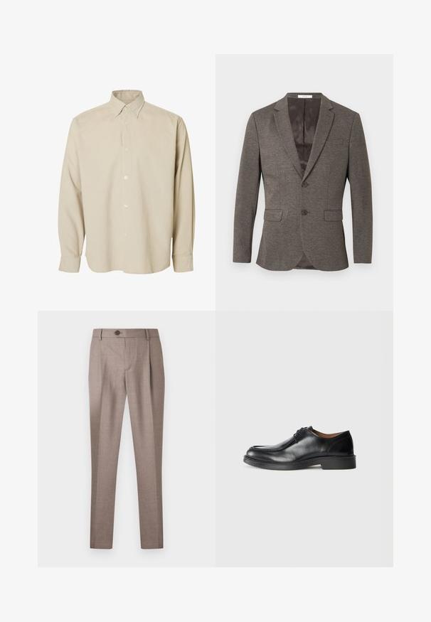 Grå sildebensmønstret blazer med to-knaps lukning, hakkede revers og to frontlommer. Foret indre med glat tekstur.; Beige langærmet skjorte med knapper, spids krave og knappede manchetter, vist mod en ensfarvet hvid baggrund.; Lysebrune skræddersyede bukser med knap- og lynlås lukning, bæltestropper og lige pasform mod en hvid baggrund.; Sorte lædersko med rund tå, glat overflade, snøre detaljer og en lav, tekstureret gummisål. Rene linjer og minimalistisk design.