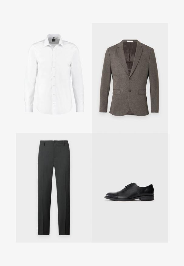 Grijze vissengraatblazer met een sluiting met twee knopen, opstaande revers en twee voorzakken. Gevoerd interieur met een gladde textuur.; Witte langearmige shirt gemaakt van gladde stof, met een klassieke kraag, knopen aan de voorkant en manchetten met enkele knopen. Geen patronen of accenten.; Op maat gemaakte donkergrijze broek van een gladde stof. Voorzien van een knoopsluiting, riemlussen en rechte pijpen voor een klassieke pasvorm.; Zwarte leren herenschoen Oxford met gesloten vetersluiting, kap neus en lage gestapelde hak, getoond in zijaanzicht op een lichtgrijze achtergrond.