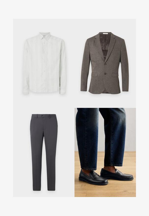 Blazer gris de espiga con cierre de dos botones, solapas con muesca y dos bolsillos delanteros. Forro interior de textura suave.; Camisa de manga larga gris claro con rayas verticales blancas, con botones en el frente y un cuello clásico. Presenta detalles en los puños de las mangas.; Pantalones grises de tejido suave, con un corte recto, cierre de botón, pasadores para cinturón y bolsillos laterales. Diseño simple y funcional.; Mocasines de cuero negro con detalles de costura y acentos texturizados, combinados con denim oscuro, mostrando un diseño casual y estilizado.