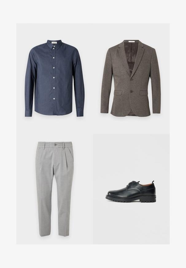 Grå sildebensmønstret blazer med to-knaps lukning, hakkede revers og to frontlommer. Foret indre med glat tekstur.; Mørkeblå langærmet skjorte med knaplukning lavet af glat stof; har en klassisk krave, hvide knapper og en buet kant.; Grå skræddersyede bukser med en glat tekstur, der har et plisseret design, frontlommer, bæltestropper i taljen og en knaplukning.; Sorte læder derby-sko med en glat overflade, rund tå, snøre-design og en tyk, robust gummisål.