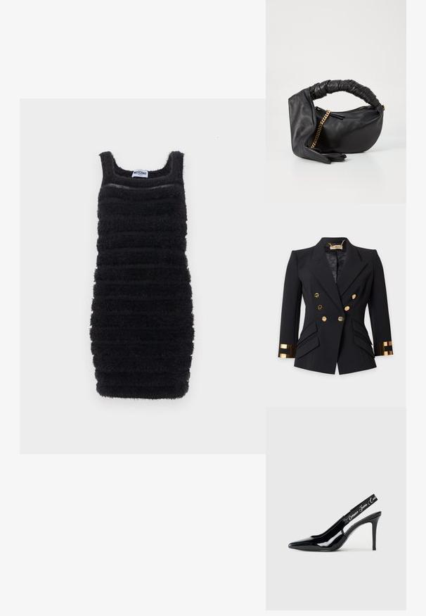 Blazer noir cintré à double boutonnage avec boutons dorés et accents dorés brillants sur les poignets, avec épaules structurées et poches à rabat à l'avant.; Robe noire cintrée sans manches avec des rayures horizontales texturées et duveteuses et un décolleté carré, étiquetée Moschino.; Escarpin noir en cuir verni avec un design à bout pointu,Featuring une section découpée et une sangle élastique embossée du nom de la marque.; Sac en cuir noir avec une poignée torsadée, accent en chaîne dorée et forme arrondie. Présente une texture lisse et une fermeture éclair.