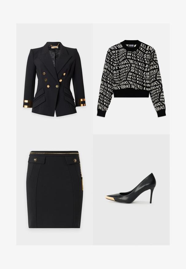 Sort skræddersyet dobbelttradet blazer med gyldne knapper og skinnende gyldne manschet detaljer, med strukturerede skuldre og forlommer med klap.; Sort cropped sweater med hvid, svungne tekst "VERSACE JEANS COUTURE." Ribbet halsudskæring og manchetter, strikket tekstur, minimalistisk design.; Sort tætsiddende nederdel med forlommer, dekorative guldknapper og et tyndt guldkjedebælte med en kvast på højre side.; Sort læder stiletter med spids tå; har et metalisk guldakcent på tåkapperne. Glat overflade med et strømlinet design.