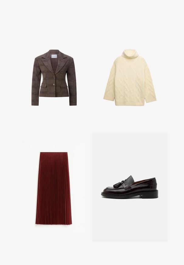 Brun ternet figursyet blazer med to knapper, hakkede revers og forlommer med klapper.; Creme kabelstrik turtleneck sweater med en løs pasform, der har et struktureret diamantmønster samt ribbet krave og manchetter.; Plisseret midi-nederdel i dyb rød, med et tekstureret stof og jævnt fordelte vertikale folder. Kanten falder omkring midt på læggen.; Mørkebrun læderloafer med duske, syningsdetaljer og en lav stablet hæl på en ensfarvet lys baggrund.