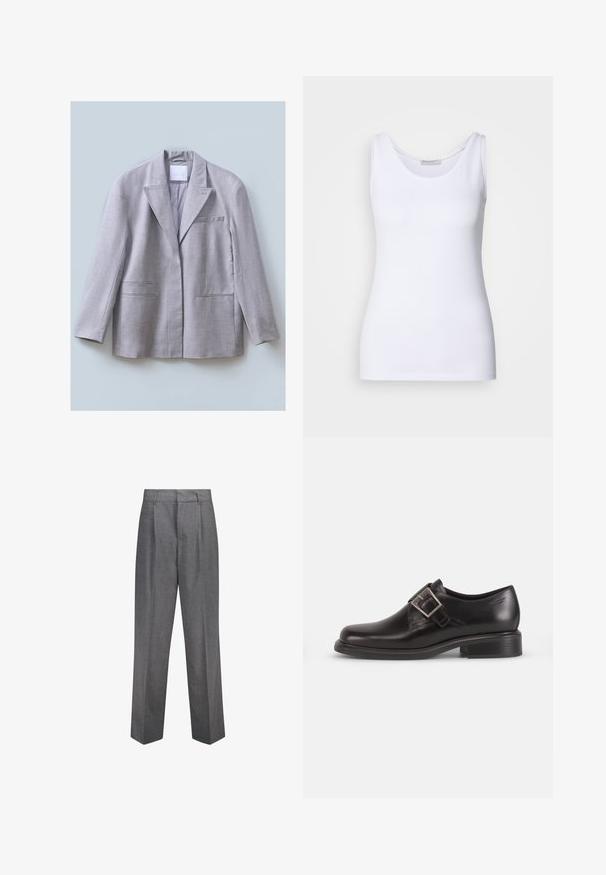 Helles graues Blazer aus strukturiertem Stoff mit Reverskragen, einer Brusttasche und zwei Fronttaschen, entworfen in lockerer Passform.; Weißes Tanktop aus glattem, dehnbarem Stoff. Verfügt über einen runden Halsausschnitt und breite Träger. Der Saum sitzt knapp unter der Taille. Keine Muster oder Akzente.; Graue maßgeschneiderte Hosen mit geradem Bein, featuring Frontfalten, einer glatten Textur und einem klassischen Bunddesign.; Schwarze Leder-Dressschuhe mit abgerundeter Zehenform, seitlichem Gürtelverschluss und strukturierter Sohle, vor einem schlichten weißen Hintergrund.