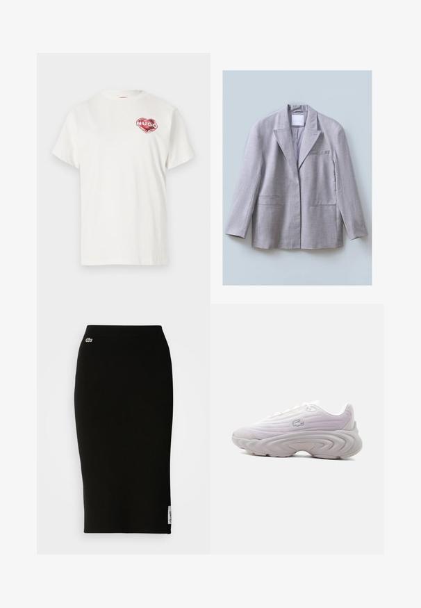 Svetlošedý blazer vyrobený z texturovanej látky, s klopovým golierom, jedným vreckom na prsiach a dvomi prednými vreckami, navrhnutý s voľným strihom.; Biela bavlnená tričko s okrúhlym výstrihom, so červeným srdcovým grafickým motívom a slovom "HUGO" vo vnútri. Krátke rukávy, voľný strih.; Čierna rebrovaná pletená midi sukňa s priliehavým strihom. Malý detail loga Lacoste na páse, s hladkým povrchom.; Biela nízka teniska s textúrovanou podrážkou a postranným logom krokodíla, hladký textilný zvršok a uviazanie na šnúrky, zobrazená z ľavej strany.
