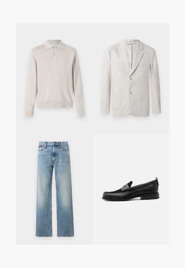 Beige gebreid blazer met een enkelvoudig ontwerp, metgelapste revers, twee voorkanten zakken en twee knopen. Gladde textuur.; Lichtbeige poloshirt met lange mouwen, gemaakt van zachte stof. Voorzien van een kraag, een drieknoopsluiting en ribgebreide manchetten en zoom.; Lichtblauwe denim jeans met rechte pijpen, een hoge taille, vijf zakken, knoopsluiting en subtiele vervaging op de dijen en knieën.; Zwarte leren loafer met grijs riemdetailelement, lage hak en gestructureerde zool, aan de zijkant gebrandmerkt met "HUGO" in goud.