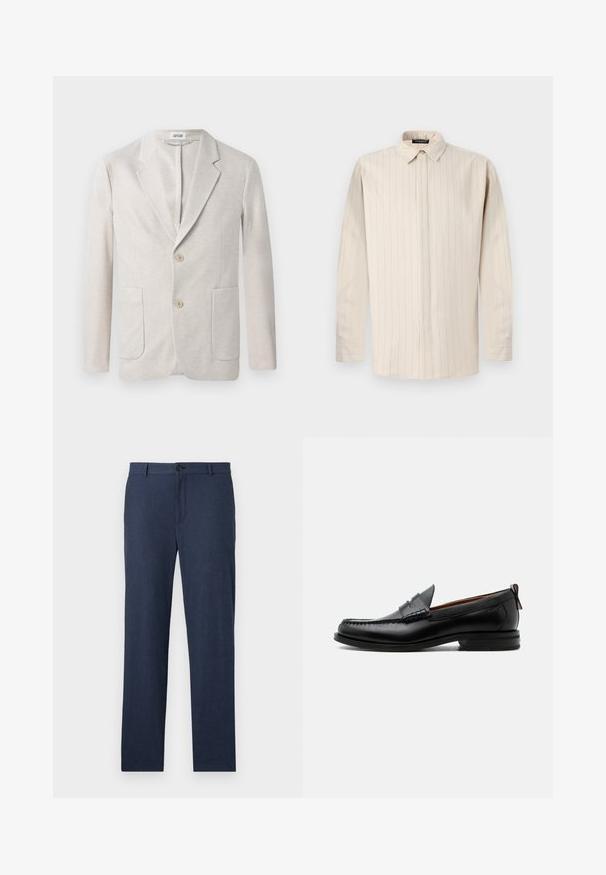 Blazer en maille beige avec un design à boutonnage simple, des revers crantés, deux poches avant et deux fermetures à bouton. Texture lisse.; Chemise long à manches beige clair avec un col à boutons, comportant des rayures verticales, une coupe droite et des poignets à un bouton.; Pantalon bleu marine en tissu texturé avec une coupe droite, présentant une fermeture à bouton à l'avant et sans poches visibles.; Mocassin homme en cuir noir avec couture moc toe, bride penny, col texturé et petit talon empilé sur fond blanc.
