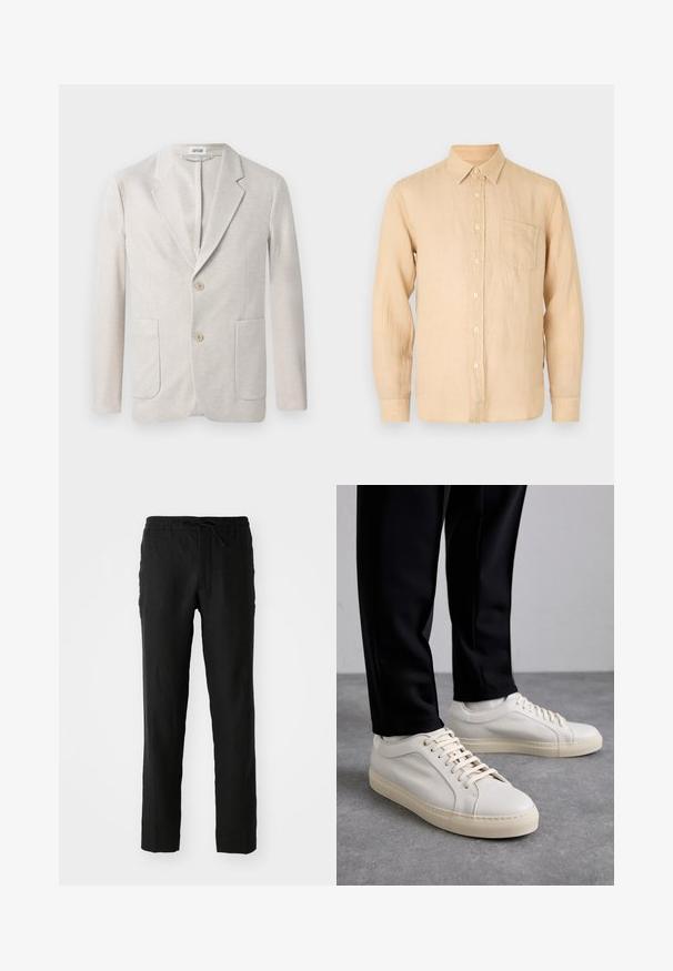 Beige strikjakke med enkeltknap design, klippet krave, to forlommer og to knaplukninger. Glat tekstur.; Beige langærmet skjorte i linned med knapkrave, frontlomme og en glat, let struktureret overflade. Klassisk pasform og enkelt design.; Sorte linnedbukser med elastisk talje og snor. Lige ben-design og glat tekstur. Velegnet til afslappet brug.; Lys beige lædersneakers med flade snørebånd, en tekstureret overflade og en kontrasterende cremelilla gummisål, båret med sorte tapered bukser.