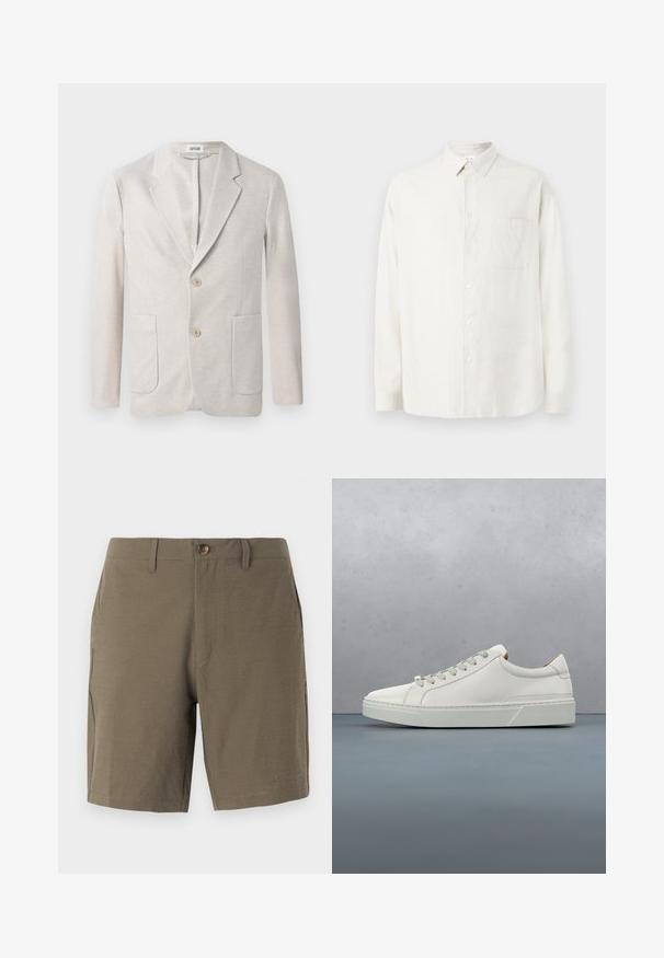 Blazer de punto beige con diseño de un solo botón, solapas con muesca, dos bolsillos delanteros y dos cierres de botón. Textura suave.; Camisa blanca de manga larga, con cuello, un bolsillo en el pecho y un sutil patrón texturizado en la tela.; Pantalones cortos en verde oliva hechos de un tejido texturizado, con cierre de botón y frente plano, y con bolsillos laterales para mayor funcionalidad.; Zapatilla blanca de cuero con punta redondeada, diseño minimalista, cordones grises y suela de goma texturizada gris. Detalles de costura sutiles visibles.