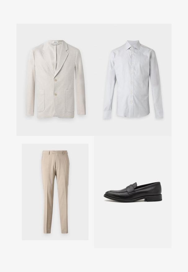 Blazer de punto beige con diseño de un solo botón, solapas con muesca, dos bolsillos delanteros y dos cierres de botón. Textura suave.; Camisa de manga larga de color gris claro con botones y cuello, mostrada de frente sobre un fondo blanco liso.; Pantalones tapered beige confeccionados en tejido ligero, con pliegues frontales, dos bolsillos laterales y una textura suave.; Mocasín de cuero negro con un acabado suave, una tira decorativa en la parte superior, punta redondeada y un tacón bajo apilado.