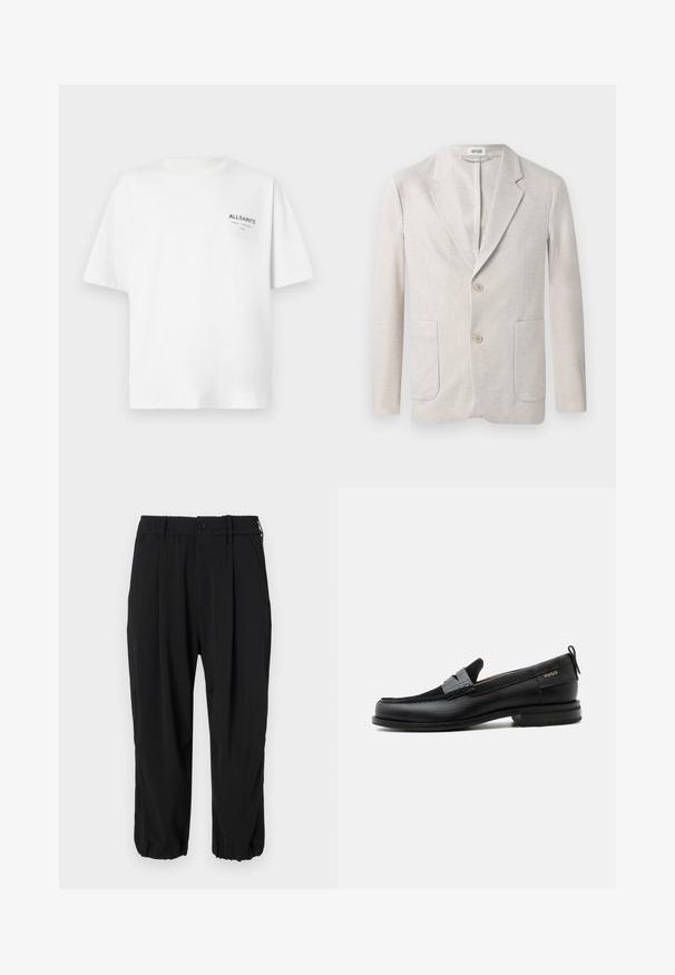 Beige strikjakke med enkeltknap design, klippet krave, to forlommer og to knaplukninger. Glat tekstur.; Hvid kortærmet bomulds T-shirt med lille sort "ALLSAINTS" tekst og japanske tegn trykt på venstre bryst.; Sorte cropped bukser med elastisk talje med knap, sidelommer og en afslappet pasform med manchetter ved anklerne.; Sort læderloafer med grå remdetalje, lav hæl og tekstureret sål, mærket med "HUGO" i guld på siden.