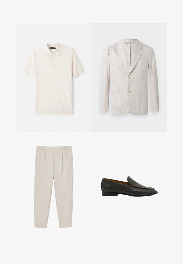 Beige strikjakke med enkeltknap design, klippet krave, to forlommer og to knaplukninger. Glat tekstur.; Lys beige polo skjorte med klassisk krave, tre-knaps lukning og korte ærmer. Lavet af blødt, glat stof. Enkel design uden mønstre.; Lys beige skrå bukser med plisseringer ved taljen, sidelommer og elastisk taljebånd, vist fladt på en hvid baggrund.; Sort læder slip-on loafer med lav hæl og glat finish vist fra siden på en hvid baggrund.