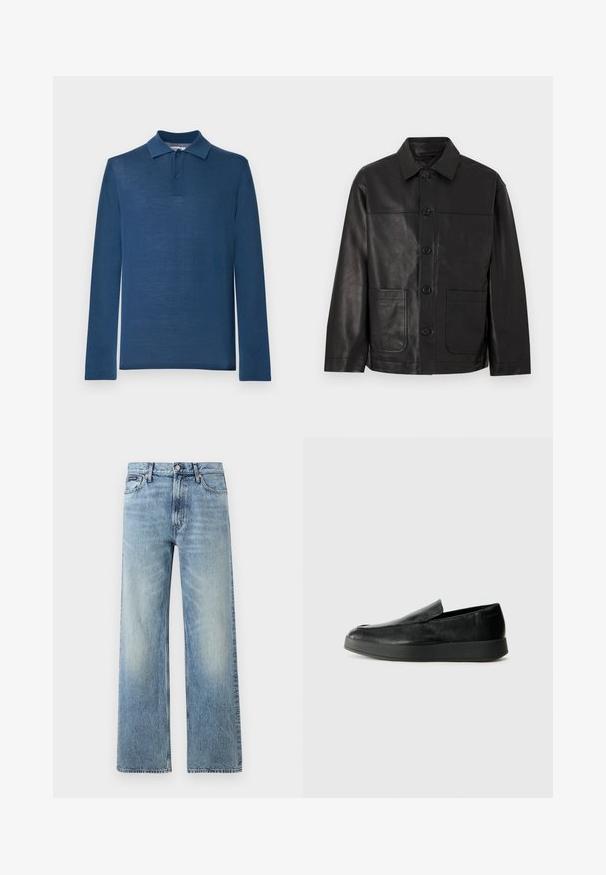 Veste en cuir noire à boutons avec col et deux grandes poches plaquées à l'avant, présentée sur un fond clair uni.; Polo à manches longues bleu marine en tissu doux, avec un col classique, une patte de boutonnage à deux boutons et une texture lisse.; Jean droit en denim bleu clair avec taille haute, cinq poches, fermeture à boutons et léger délavage sur les cuisses et les genoux.; Calvin Klein HYBRID CUP - Chaussons - triple black