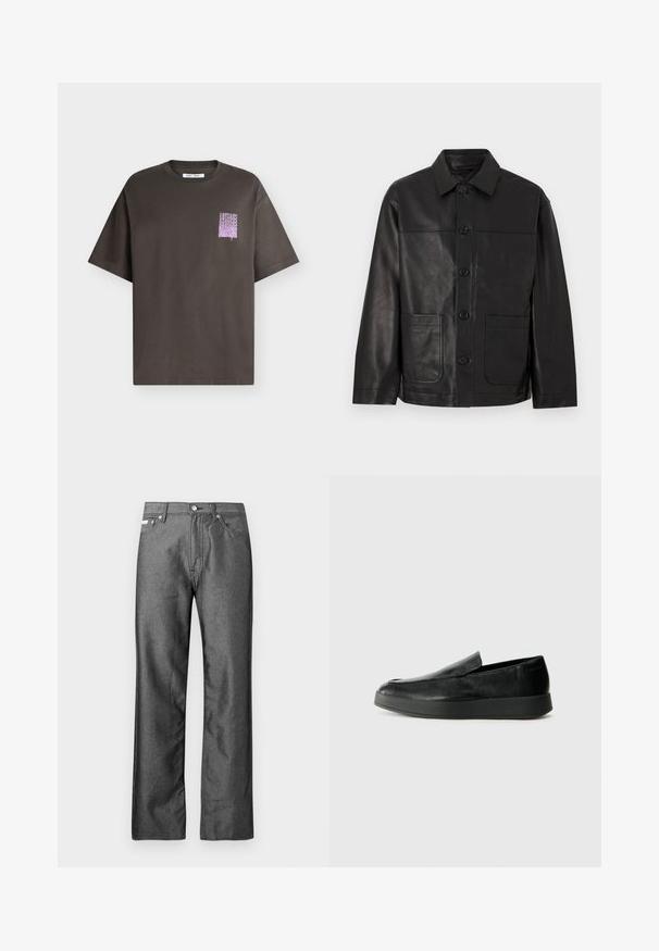 Veste en cuir noire à boutons avec col et deux grandes poches plaquées à l'avant, présentée sur un fond clair uni.; T-shirt gris foncé à manches courtes avec un petit graphisme violet et du texte répété sur la partie supérieure gauche de la poitrine.; Jean en denim gris avec une coupe droite, cinq poches, et des accents en boutons métalliques et rivets. Présente une texture subtile.; Calvin Klein HYBRID CUP - Chaussons - triple black