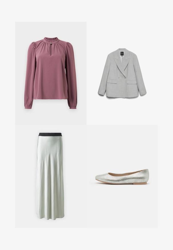 Lysegrå dobbeltknappet blazer med brede revers og to lommer med klap foran, vist mod en hvid baggrund.; Langermet mauve bluse med samlet krave, nøglehul-udskæring med knaplukning og let puffede skuldre.; Satinagtig, lys grøn maxi-nederdel med et sort liv. Let flydende design, glat tekstur og subtil glans, egnet til forskellige anledninger.; Sølv ballerina flats med struktureret overflade, rund tå og beige sål. Glat indvendig foring for komfort. Uden pynt eller metaldele.