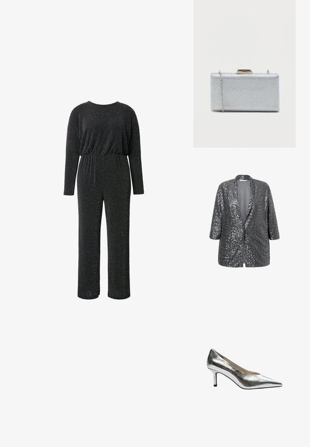 Sølv pailletjakke med løs pasform, åben front og 3/4 ærmer. Glat indvendig foring og struktureret yderside.; Sort jumpsuit lavet af et struktureret, glitrende stof, med lange ærmer, rund halsudskæring, elastisk talje og vide benåbninger.; Sølvmetallic pumps med høje hæle, spids tå, glat tekstur og en beskeden hælhøjde. Sort sål fremhæver designet.; Rektangulær sølvclutch lavet af struktureret metallisk stof, med en klipslukning og et aftageligt kædetræk til at bære.