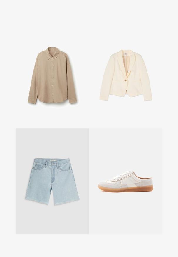 Oltre Blazer - bianco; Beige langærmet skjorte lavet af letvægtsstof, med krave, knaplukning foran og afrundet kant. Glat tekstur, afslappet pasform.; Lyseblå denimshorts med frynset kant, fire lommer og lynlåslukning; har subtil falming og sølvfarvet hardware.; Lav top hvid sneaker med ruskinds- og stofpaneler, hvide snørebånd og en gennemsigtig gummisål, fotograferet mod en hvid baggrund.