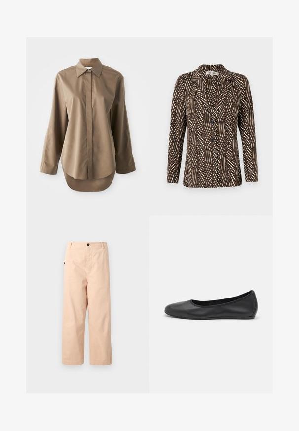 Diane von Furstenberg JACKET - Blazer - brown; Camisa marrón de manga larga hecha de tejido suave, con cuello puntiagudo, cierre frontal de botones y dobladillo redondeado en la parte posterior.; Pantalones cortos de algodón beige con un corte recto, que presentan un botón único en la cintura y bolsillos laterales. Tejido suave sin patrones.; Bailarina de piel negra con punta redondeada, textura suave, detalle de costura minimalista y diseño de suela flexible.